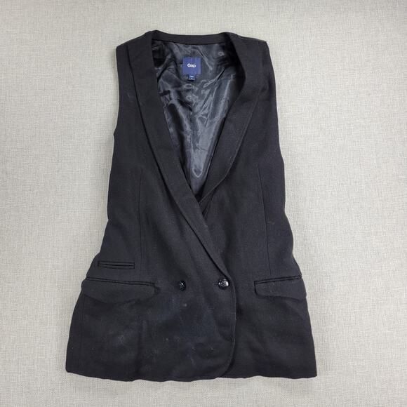 Gap Womens Vest Large Black Wool Blend Plunging Neck Waist Tie Double Breasted - Picture 12 of 13